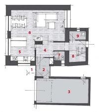 PŘÍZEMÍ – návrh: 1 závětří, 2 zádveří, 3 garáž, 4 hala, 5 kuchyň, 6 jídelna + obývací pokoj, 7 WC, 8 schodiště, 9 technická místnost