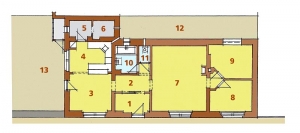 PŘÍZEMÍ: 1 zádveří, 2 chodba, 3 jídelna, 4 kuchyň, 5 spíž, 6 technická místnost, 7 obývací pokoj, 8 a 9 ložnice, 10 koupelna, 11 WC, 12 dvůr, 13 zahrada