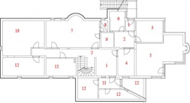 Půdorys suterénu: 1. zádveří, 2. chodba, 3. ložnice, 4. kuchyň, 5. obývací pokoj, 6. koupelna s WC, 7. fitness, sauna, sprcha, 8. WC, 9. sklad, 10. technická místnost, 11. vstup, 12. sklep