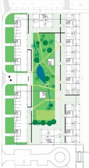 Projekt bytového domu v Praze 13 s velkým parkem tvořícím pomyslné atrium. Malometrážní byty s jednou obytnou místností a základním příslušenstvím lze doporučit jako ideální startovací bydlení pro "singla" (Studio acht - Jana Strachotová, Michal Mihalčík, Václav Hlaváček)