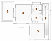 1. PATRO: 1 schodišťová hala, 2 chodba, 3 koupelna + WC, 4 dětský pokoj, 5 pracovna, 6 terasa