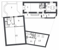 Patro: 1 obývací pokoj, 2 WC, 3 kuchyň, 4 šatna, 5 zádveří, 6 pavlač, 7 zahrádka, 8 studovna 9 pracovna, 10 studio, 11 kuchyň, 12 koupelna + WC, 13 atelier