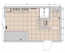 Půdorys prvního řešení: do přístavby architekt umístil WC a pračku, ve vzniklém prostoru bude vybudován sprchový kout