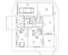 PŘÍZEMÍ (obr. nahoře): 1 zádveří, 2 hala, 3 komora, 4 kuchyň, 5 chodba, 6 obývací pokoj, 7 WC, 8 koupelna, 9 pracovna, 10 dílna, 11 dvojgaráž, 12 terasa