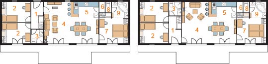 Vstup zezadu (vlevo) a vstup zepředu (vpravo): 1 předsíň, 2 pokoj, 3 koupelna s WC, 4 obývací pokoj, 5 kuchyň, 6 spíž, 7 ložnice, 8 WC, 9 koupelna