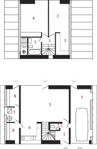 Přízemí domu (dole): 1. vstup, 2. WC, 3. obývací pokoj, 4. kuchyň, 5. garáž + dílna, 6. spíž, 7. technická místnost, 8. komora, Podkroví domu (podkroví): 1. hala, 2. ložnice rodičů, 3. šatna, 4. dětský pokoj, 5. koupelna + WC