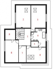 Podkroví: 1. hala, 2. dětský pokoj, 3. dětský pokoj, 4. koupelna + WC, 5. sauna, 6. fitness, 7. šatna, 8. ložnice, 9. šatna