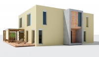 Kombinace hladké omítky s malými plochami obloženými dřevem působí efektně a náklady na stavbu příliš nezýší. Design Radim Václavík