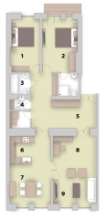 PŮDORYS: 1 ložnice, 2 ložnice s balkonem a koupelnou, 3 koupelna, 4 WC, 5 vtupní chodba, 6 kuchyň, 7 jídelna, 8 pracovní kout, 9 obývací pokoj