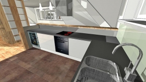 Kromě sedacího nábytku se zařízení interiéru skládá převážně z vestavěných komponentů, vyrobených na míru podle návrhu architekta. Kompaktní kuchyňská linka z lakovaných MDF desek má tvar písmene U a je uzavřena barovou sestavou s masivní dřevěným pultem. Kuchyň má z praktických důvodů na podlaze keramickou dlažbu, jinak převažuje dřevěná mozaiková podlaha