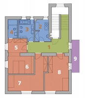 1. NP návrh: 1 vstupní hala, 2 šatna a technická místnost, 3 koupelna, 4 koupelna rodičů, 5 šatna, 6 ložnice, 7 a 8 dětský pokoj, 9 balkon