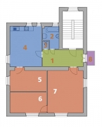 1. NP původní stav: 1 chodba, 2 koupelna, 3 WC, 4 kuchyně a jídelna, 5 pracovna, 6 ložnice, 7 obývací pokoj, 8 balkon