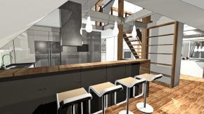 Kromě sedacího nábytku se zařízení interiéru skládá převážně z vestavěných komponentů, vyrobených na míru podle návrhu architekta. Kompaktní kuchyňská linka z lakovaných MDF desek má tvar písmene U a je uzavřena barovou sestavou s masivní dřevěným pultem. Kuchyň má z praktických důvodů na podlaze keramickou dlažbu, jinak převažuje dřevěná mozaiková podlaha