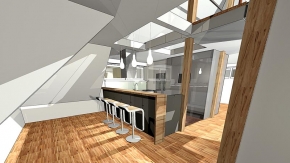 Kromě sedacího nábytku se zařízení interiéru skládá převážně z vestavěných komponentů, vyrobených na míru podle návrhu architekta. Kompaktní kuchyňská linka z lakovaných MDF desek má tvar písmene U a je uzavřena barovou sestavou s masivní dřevěným pultem. Kuchyň má z praktických důvodů na podlaze keramickou dlažbu, jinak převažuje dřevěná mozaiková podlaha
