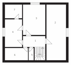 PODKROVÍ: 1 hala, 2 půda, 3 pokoj, 4 pokoj, 5 WC, 6 půda, 7 půda