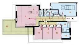 PŮDORYS: 1 závětří, 2 předsíň, 3 hala, 4 koupelna, 5 WC, 6 komora, 7 obývací prostor, 8 kuchyň, 9 chodba, 10-12 pokoj, 13 šatna, 14 koupelna + WC, 15 garáž, 16 terasa