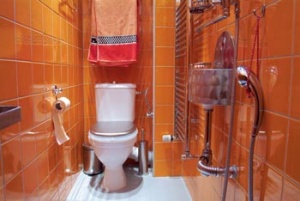 Ani nepraktický půdorys a rozměr místnosti (300 x 90 cm) majitele neodradily, a tak je ve výsledném efektu prostor maximálně efektivně využit