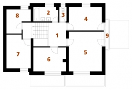 PODKROVÍ: 1 hala, 2 koupelna, 3 WC, 4-6 ložnice, 7 pracovna, 8 domácí práce, 9 balkon