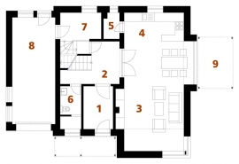 PŘÍZEMÍ: 1 zádveří, 2 hala, 3 obývací prostor, 4 kuchyň, 5 spíž, 6 koupelna + WC, 7 komora, 8 garáž, 9 pergola