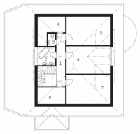 PODKROVÍ: 1 hala, 2 koupelna, 3 WC, 4 komora, 5-7 dětský pokoj, 8 půda