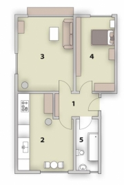 PŮDORYS: 1/ předsíň, 2/ kuchyň, 3/ obývací pokoj, 4/ ložnice, 5/ koupelna