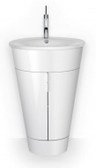 Umyvadlový set z kolekce Starck 1 (DURAVIT) se skládá z umyvadla a kónické skříňky, která na první pohled vypadá jako sloup. Cena skříňky 67 470 Kč, cena umyvadla 12 210 Kč, prodává RICHTER + FRENZEL