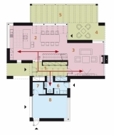 PŘÍZEMÍ: 1 vstupní hala, 2 kuchyň + jídelna, 3 obývací pokoj, 4 krytá terasa, 5 pergola, 6 koupelna + WC, 7 technická místnost, 8 garáž