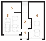 SUTERÉN: 1 zádveří, 2 předsíň, 3+4 garáž, 5 technické zázemí
