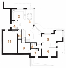 SUTERÉN: 1 obytný prostor, 2 kuchyň, 3 jídelna, 4 kotelna, 5+6 pracovna, 7 sklad, 8 WC, 9 sklad, 10 chodba, 11 technická místnost