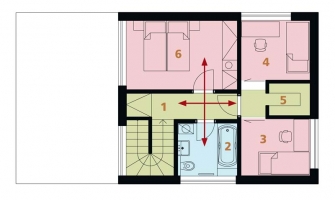 PATRO: 1 chodba, 2 koupelna + WC, 3 a 4 dětský pokoj, 5 šatna, 6 ložnice rodičů