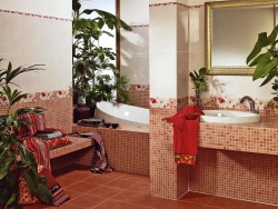 Nejnovější kolekce koupelnových obkladů a dlažeb Kenzo Mosaic (Villeroy and Boch), představuje pokračování v aktuálním trendu k malým formátům. Nový designérský koncept umožňuje hru s formáty, barvami a dekory. Glazované obklady s povrchovou úpravou ceramicplus (30 x 45 cm, 1 320 Kč za metr čtvereční), mozaika z glazované kameniny a skla (30 x 30 cm, 3 075 Kč za metr čtvereční) v barvě terakota, listela červená-cotto (10 x 30 cm, 552 Kč/ks), listela krémová - tmavošedá (2,5 x 30cm, 314 Kč/ks), KREINER EXKLUSIV.