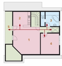 PODKROVÍ: 1 obývací pokoj, 2 kuchyňský kout, 3 koupelna + WC, 4 pokoj, 5 lodžie