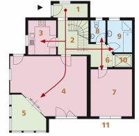 PŘÍZEMÍ: 1 vstup, 2 a 6 hala, 3 kuchyň, 4 obývací pokoj, 5 zimní zahrada, 7 ložnice, 8 WC, 9 koupelna, 10 výtah, 11 balkon