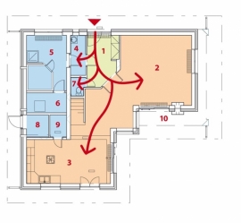 Přízemí: 1 vstupní hala, 2 obývací pokoj, 3 kuchyň + jídelna, 4 technická místnost, 5 a 6 fitness + sauna, 7 WC, 8 komora, 9 spíž, 10 krytá terasa