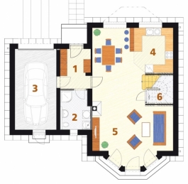 PŘÍZEMÍ: 1 předsíň, 2 koupelna + technická místnost, 3 garáž, 4 kuchyň + jídelna, 5 obývací pokoj, 6 komora