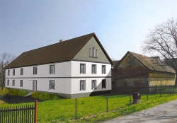 Návrh obytné části. První varianta fasády ctí tradiční architekturu českého venkova - hladká bílá omítka kontrastuje s šedou (římsa, okenní šambrány), sokl a štít jsou zvýrazněny režným kamenným zdivem