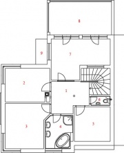 Půdorys patra domu: 1 hala, 2 ložnice, 3 šatna, 4 koupelna, 5 pokoj, 6 pokoj, 7 pokoj, 8 pokoj, 9 balkon