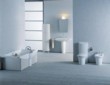 Koupelnová kolekce Mylife (studio Frog). Dominantním prvkem je obdélník se zaoblenými rohy. Umyvadlo se sloupem 21 059 Kč, stojící toaleta 30 809 Kč a bidet 14 533 Kč, LAUFEN CZ