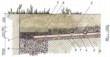 Obr. 3: Řez drenáží do vsakovací jámy (1- svodnice, 2- zaústění sběrného trativodu, 3- krycí střep, 4- štěrkový zápys, 5- štěrkový podklad, 6- jemnější zásyp, 7- zemina, 8- hrubý štěrk)