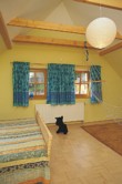  Podkrovnímu prostoru vládnou barvy a přírodní dřevo, na podlaze je elegantní celodřevěná mozaika z bukových parket 
