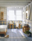  Styl country se pyšní rafinovanou jednoduchostí kombinující oblou keramiku s hranatými tvary nábytku (VILLEROY & BOCH). Stolička 39 898 Kč, skříňka zeď 42 687 Kč, vana s podstavcem 172 160 Kč, baterie 81 110 Kč, SEBOLD CENTRON 