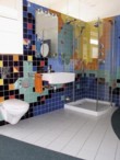  Obklady VILLEROY & BOCH z řady Pro Architektura (od 1 036 Kč/m2). Umyvadlo Pure Basic (7 508 Kč) je osazeno baterií Azur (8 945 Kč), závěsný klozet Omnia Nornina 3 464 Kč, sprchový kout Aqua fit 53 900 Kč 