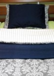  Zkuste zkombinovat povlečení - tmavě modrý přehoz pořídíte za 250 Kč (IKEA), polštáře za 150 Kč/ks (IKEA), šedá látka s ornamentálním vzorem 300 Kč/4 metry čtvereční (Partiové zboží látek), bílá látka s pruhy 150 Kč/4 metry čtvereční (Partiové zboží látek) 