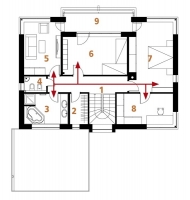 Patro: 1 chodba, 2 šatna, 3 koupelna, 4 WC, 5-7 pokoj, 8 pracovna, 9 balkon