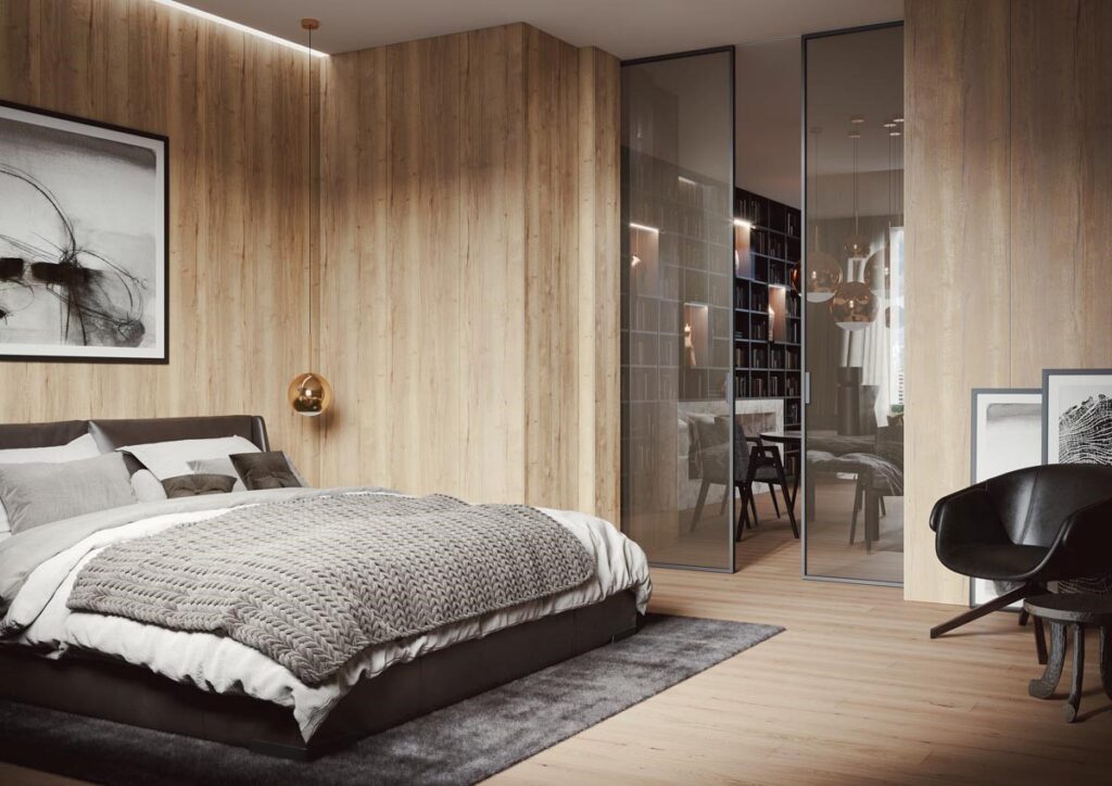 Posuvné dveře IDEANET v posuvu do stropu PREMIUM, obklad stěny EFEKTA. Foto: JAP FUTURE