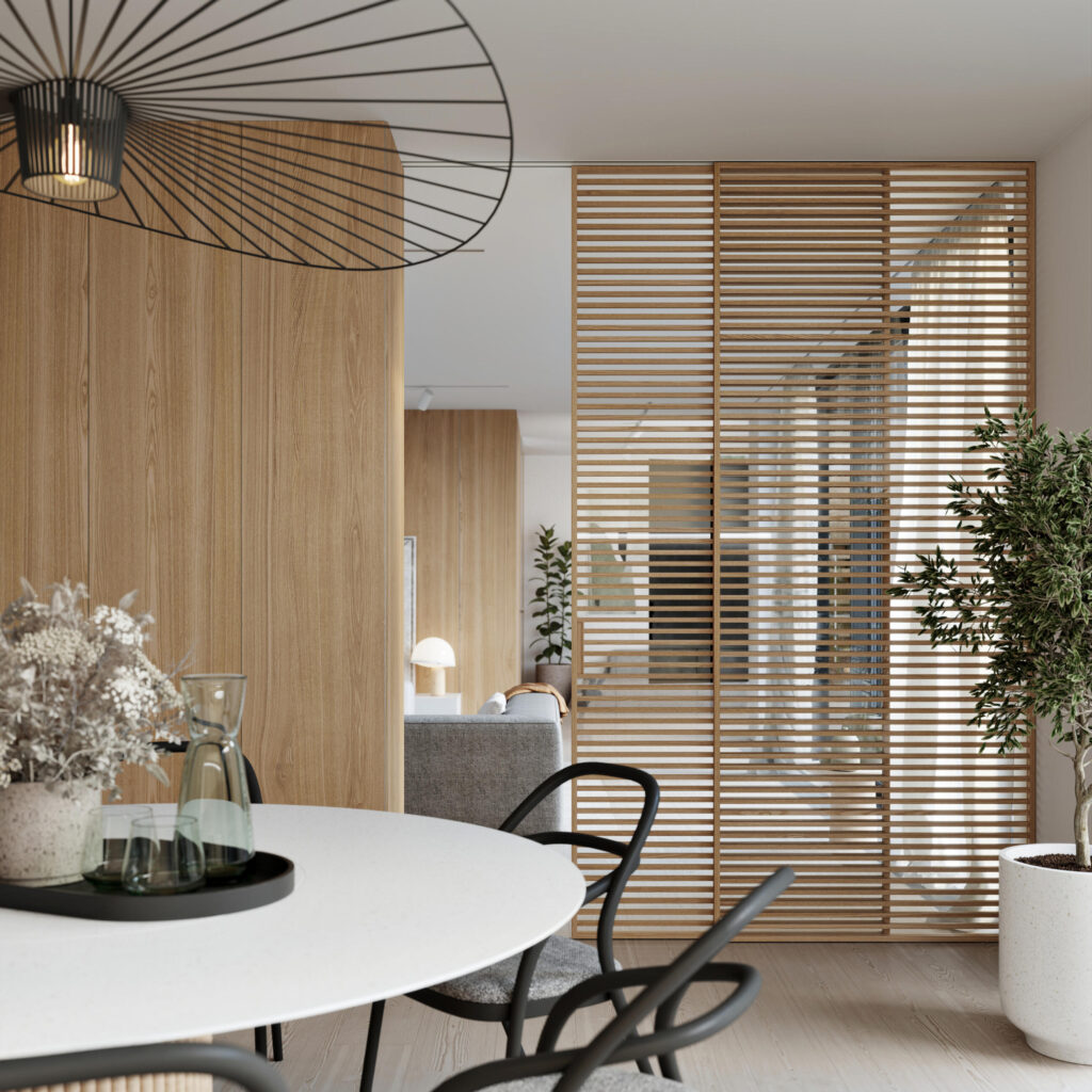 Posuvné dveře IDEALINE WOOD HORIZONTAL v posuvu do stropu PREMIUM. Foto: JAP FUTURE