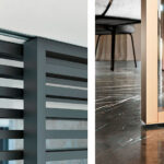 Detail uchycení dveří IDEALINE HORIZONTAL do posuvu do stropu PREMIUM (vlevo) a detail dveří IDEA – navázání na podlahu bez nutnosti přechodové lišty