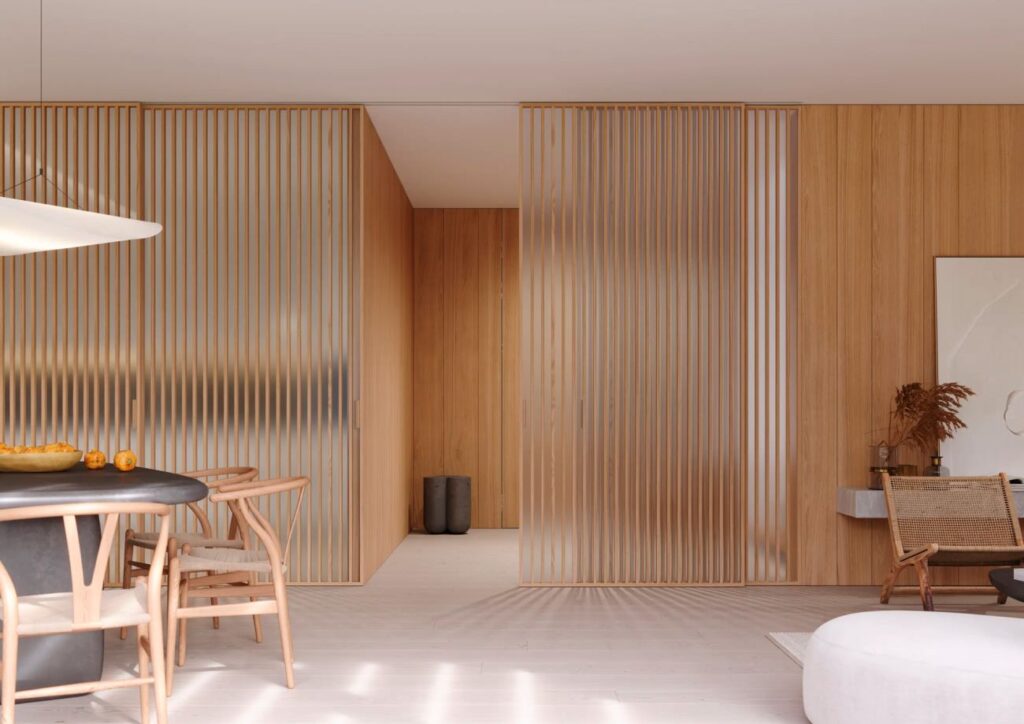 Posuvné dveře IDEALINE WOOD VERTICAL v posuvu do stropu PREMIUM (foto: JAP FUTURE)